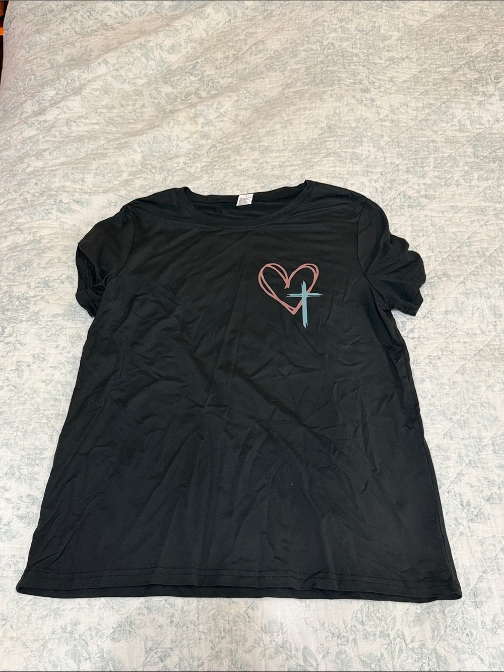 Black Tee with Heart & Cross Graphic